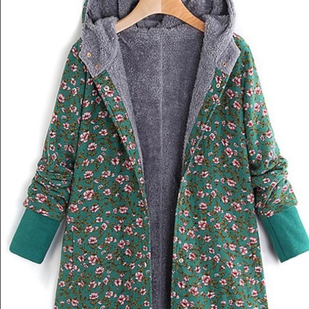 Floral Green Hooded Long Coat with Sherpa Lining